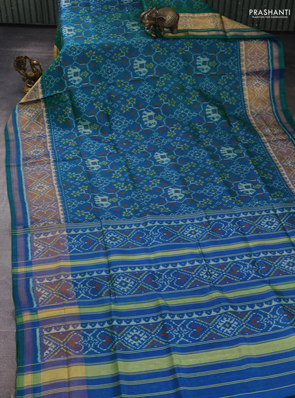 Rajkot Patola Silk Saree teal blue with allover Ikat weaves and ikat zari woven border