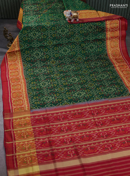 Rajkot Patola Silk Saree green and maroon with allover Ikat weaves and ikat zari woven border