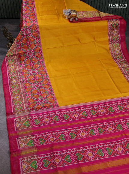 Rajkot Patola Silk Saree yellow and pink with plain body and ikat zari woven border