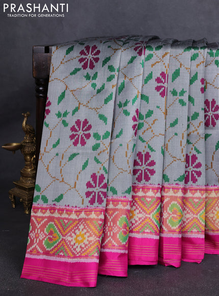 Rajkot Patola Silk Saree grey and pink with allover Ikat weaves and ikat zari woven border