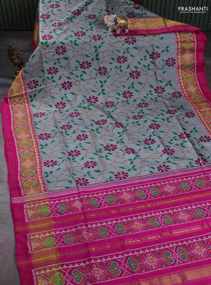 Rajkot Patola Silk Saree grey and pink with allover Ikat weaves and ikat zari woven border