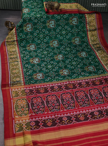 Rajkot Patola Silk Saree green and maroon with allover Ikat weaves and ikat zari woven border