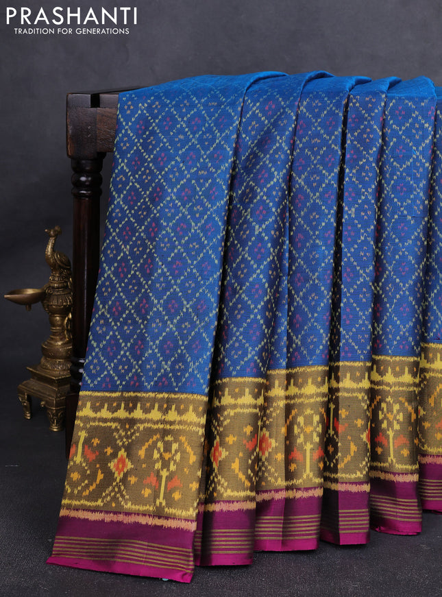 Rajkot Patola Silk Saree cs blue and purple with allover Ikat weaves and ikat zari woven border