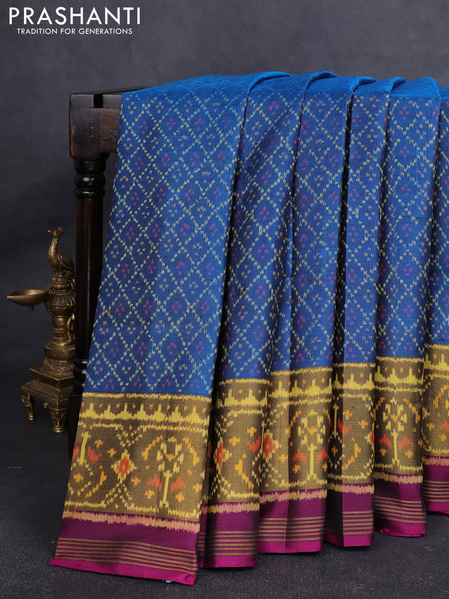 Rajkot Patola Silk Saree cs blue and purple with allover Ikat weaves and ikat zari woven border