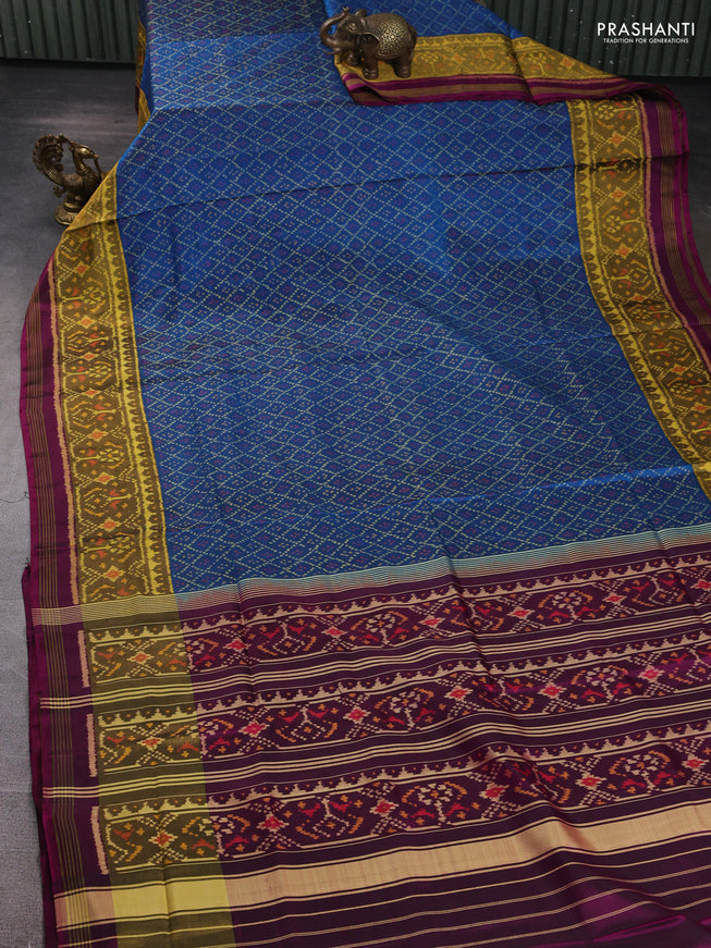 Rajkot Patola Silk Saree cs blue and purple with allover Ikat weaves and ikat zari woven border