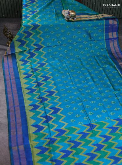 Rajkot Patola Silk Saree teal blue with allover Ikat weaves & Jute finished and zari woven border