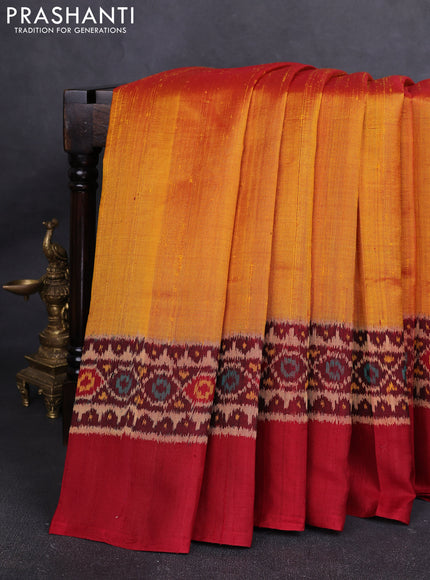 Rajkot Patola Silk Saree mustard yellow and maroon with allover Ikat weaves & Jute finished and simple border