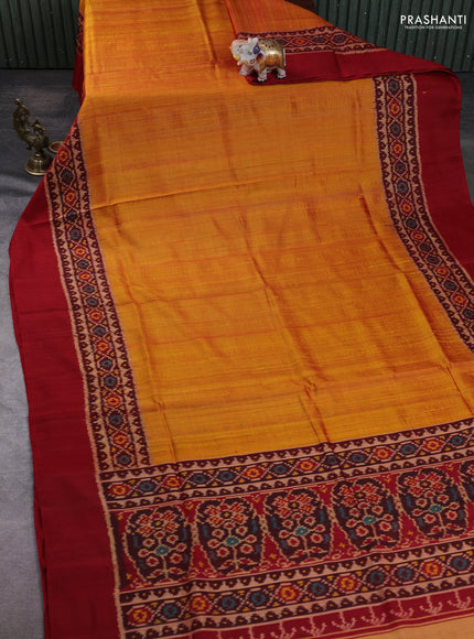 Rajkot Patola Silk Saree mustard yellow and maroon with allover Ikat weaves & Jute finished and simple border