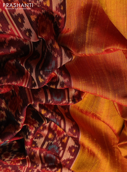 Rajkot Patola Silk Saree mustard yellow and maroon with allover Ikat weaves & Jute finished and simple border