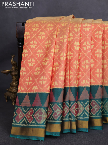 Rajkot Patola Silk Saree peach shade and peacock green with allover Ikat weaves and ikat zari woven border