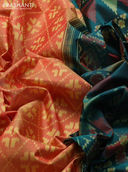 Rajkot Patola Silk Saree peach shade and peacock green with allover Ikat weaves and ikat zari woven border
