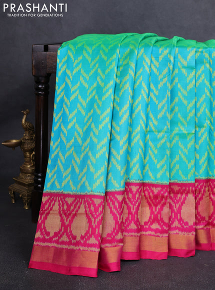Rajkot Patola Silk Saree teal blue and pink with allover Ikat weaves and ikat zari woven border