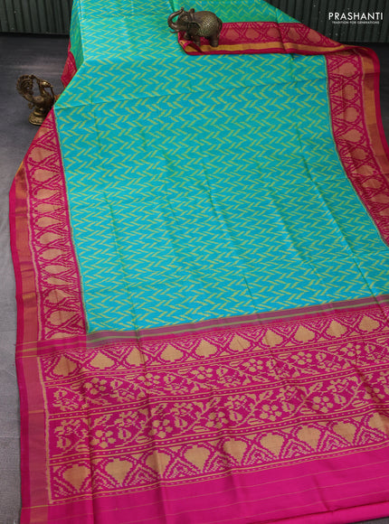 Rajkot Patola Silk Saree teal blue and pink with allover Ikat weaves and ikat zari woven border