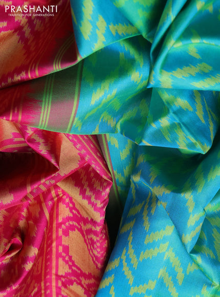 Rajkot Patola Silk Saree teal blue and pink with allover Ikat weaves and ikat zari woven border