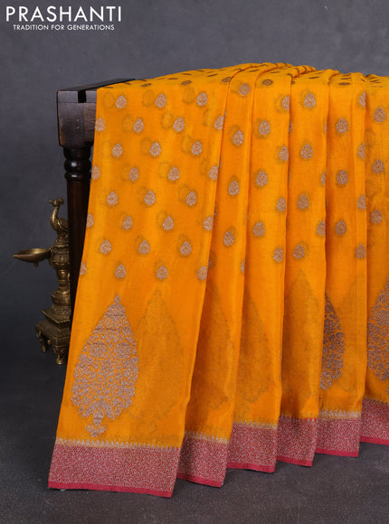 Banarasi Art Georgette Saree mango yellow and pink with woven buttas and woven border