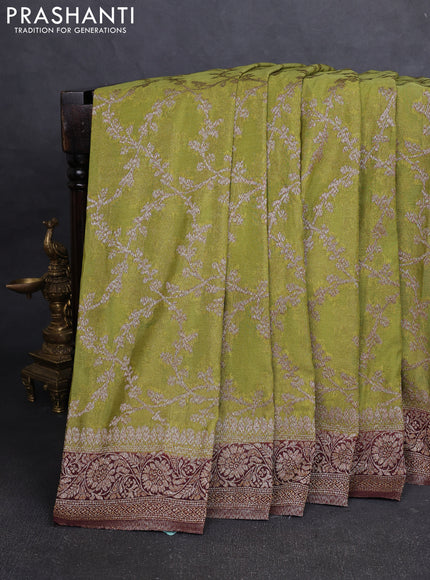 Banarasi Art Georgette Saree light green and wine shade with allover thread & zari weaves and woven border