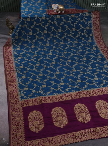Banarasi Art Georgette Saree peacock blue and wine shade with allover thread & zari weaves and woven border