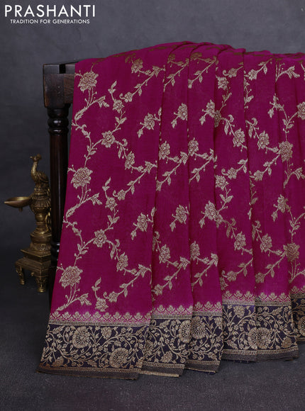 Banarasi Art Georgette Saree pink and navy blue with allover thread & zari weaves and woven border