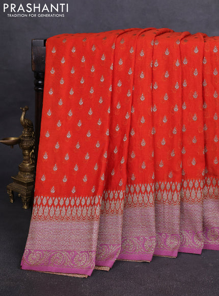 Banarasi Art Georgette Saree orange and mauve pink with woven buttas and woven border