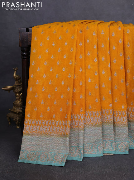 Banarasi Art Georgette Saree mango yellow and pastel green with woven buttas and woven border