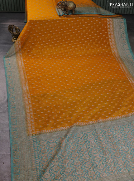 Banarasi Art Georgette Saree mango yellow and pastel green with woven buttas and woven border