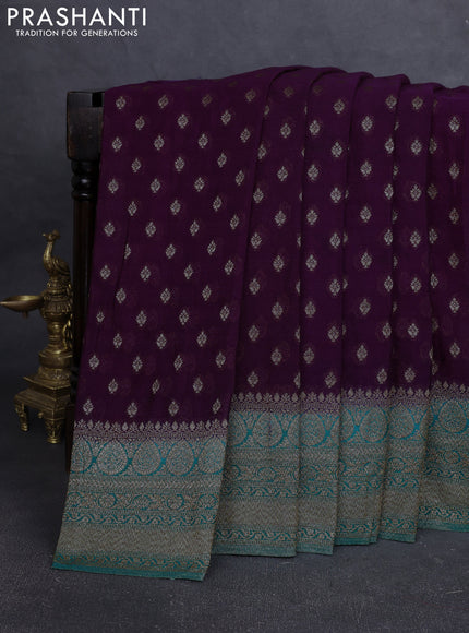 Banarasi Art Georgette Saree deep purple and teal green with woven buttas and woven border