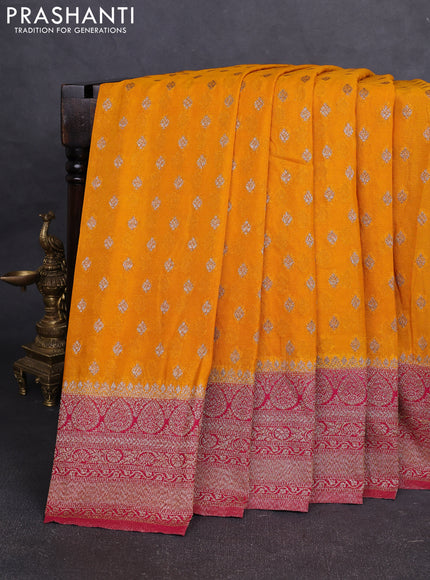 Banarasi Art Georgette Saree mango yellow and dark pink with woven buttas and woven border