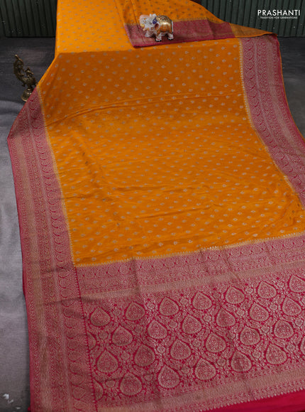 Banarasi Art Georgette Saree mango yellow and dark pink with woven buttas and woven border