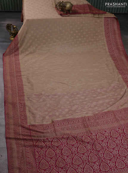 Banarasi Art Georgette Saree beige and dark magenta pink with woven buttas and woven border