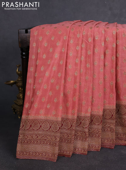 Banarasi Art Georgette Saree peach and wine shade with woven buttas and woven border