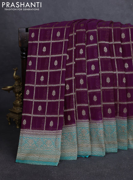 Banarasi Art Georgette Saree purple and teal green with allover thread & zari checked pattern and woven border