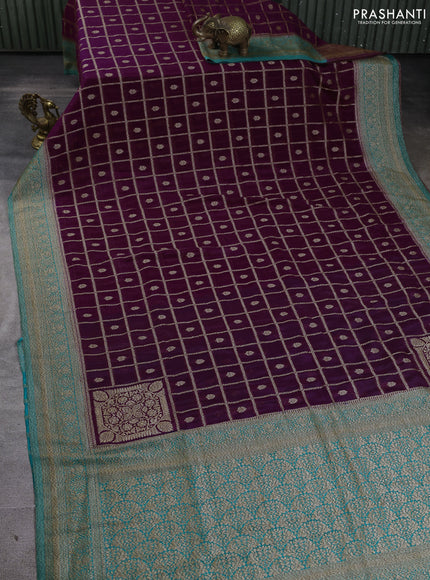Banarasi Art Georgette Saree purple and teal green with allover thread & zari checked pattern and woven border