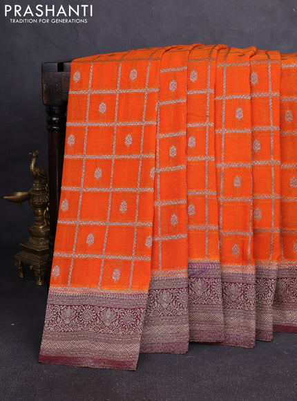 Banarasi Art Georgette Saree orange and purple with allover thread & zari checked pattern and woven border