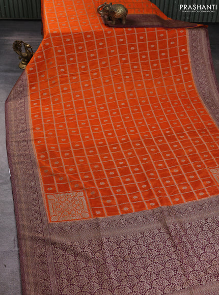 Banarasi Art Georgette Saree orange and purple with allover thread & zari checked pattern and woven border