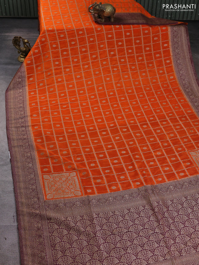 Banarasi Art Georgette Saree orange and purple with allover thread & zari checked pattern and woven border