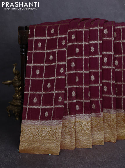 Banarasi Art Georgette Saree wine shade and orange with allover thread & zari checked pattern and woven border