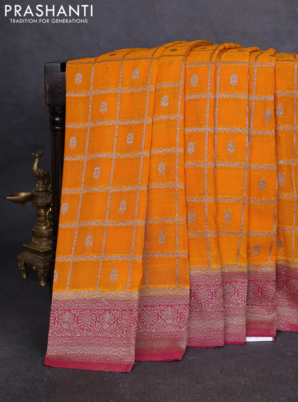 Banarasi Art Georgette Saree mango yellow and magenta pink with allover thread & zari checked pattern and woven border