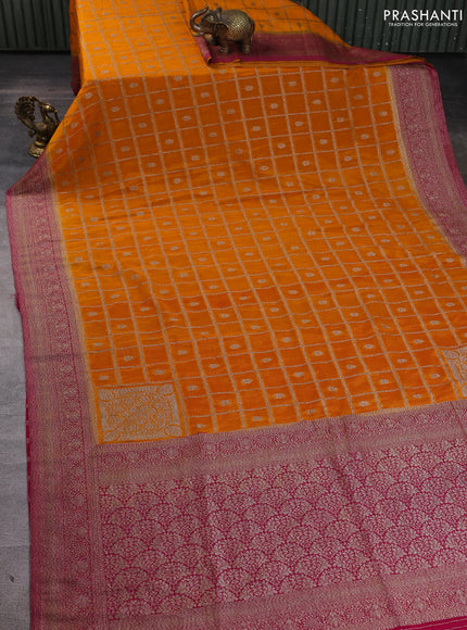 Banarasi Art Georgette Saree mango yellow and magenta pink with allover thread & zari checked pattern and woven border