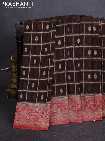 Banarasi Art Georgette Saree brown and red with allover thread & zari checked pattern and woven border
