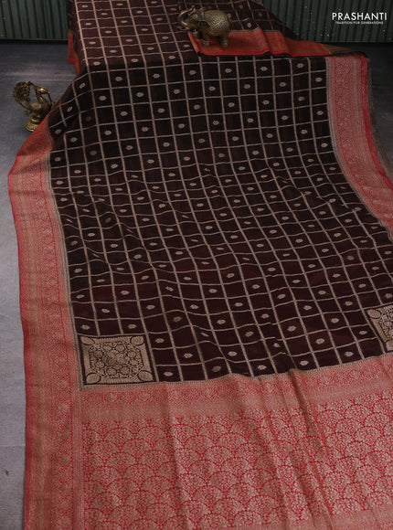 Banarasi Art Georgette Saree brown and red with allover thread & zari checked pattern and woven border