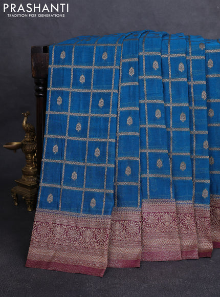 Banarasi Art Georgette Saree peacock blue and wine shade with allover thread & zari checked pattern and woven border