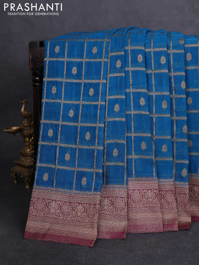 Banarasi Art Georgette Saree peacock blue and wine shade with allover thread & zari checked pattern and woven border