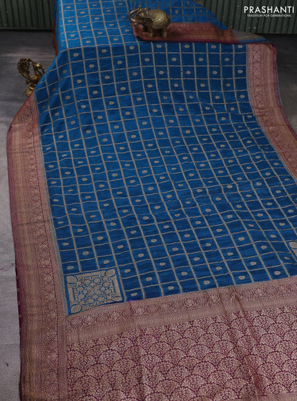 Banarasi Art Georgette Saree peacock blue and wine shade with allover thread & zari checked pattern and woven border