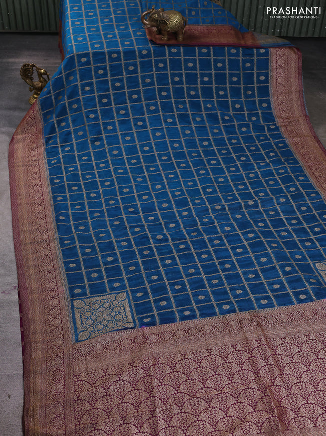 Banarasi Art Georgette Saree peacock blue and wine shade with allover thread & zari checked pattern and woven border