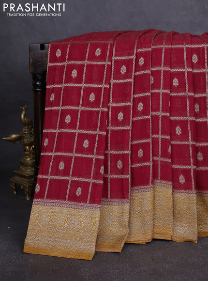 Banarasi Art Georgette Saree red and mustard yellow with allover thread & zari checked pattern and woven border