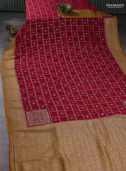 Banarasi Art Georgette Saree red and mustard yellow with allover thread & zari checked pattern and woven border