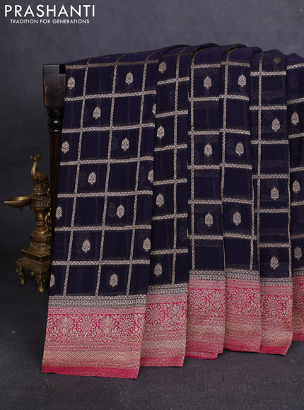 Banarasi Art Georgette Saree navy blue and magenta pink with allover thread & zari weaves and woven border