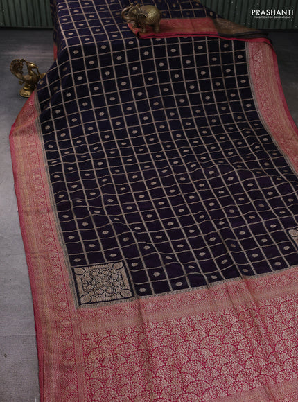 Banarasi Art Georgette Saree navy blue and magenta pink with allover thread & zari weaves and woven border