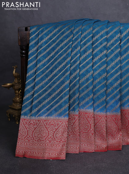 Banarasi Art Georgette Saree peacock blue and maroon with allover thread & zari leheriya weaves and woven border