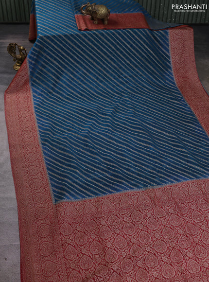 Banarasi Art Georgette Saree peacock blue and maroon with allover thread & zari leheriya weaves and woven border